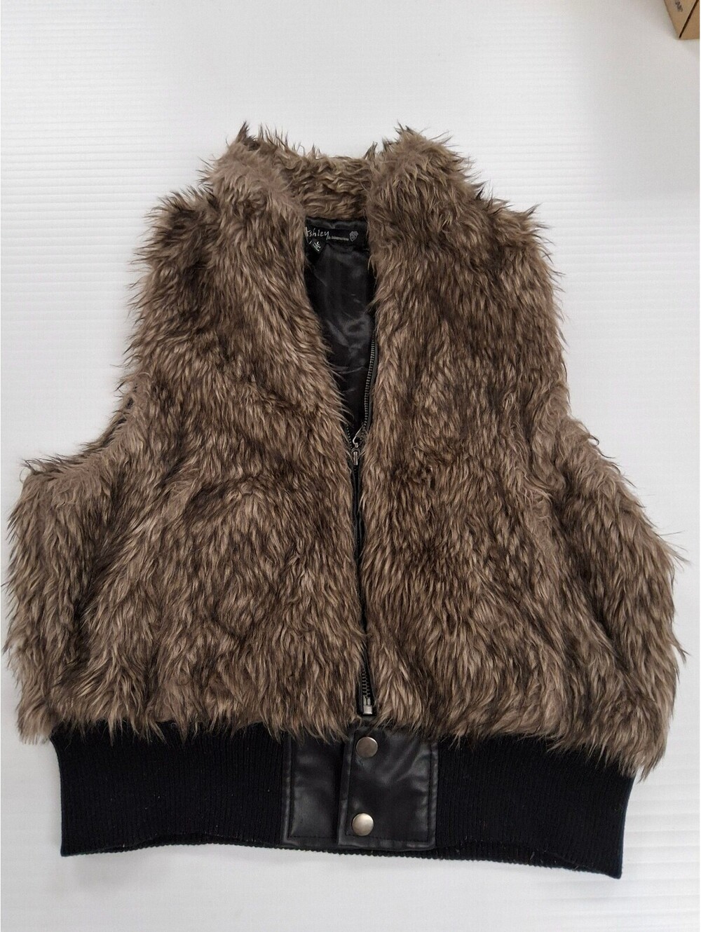 Ashley Faux Fur Brown Vest with Black Ribbed Hem Size L